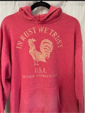 Port and Company Distressed Red “In Rust We Trust” Rooster Sweatshirt-SIZE L